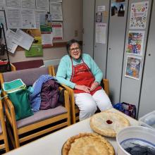 Friends serving pie